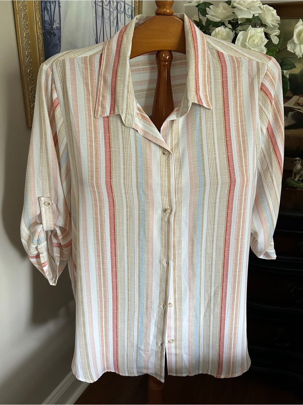 Tempted Hearts LA Women’s Button-Down Shirt White Coral & Tan Stripes Sz 1X